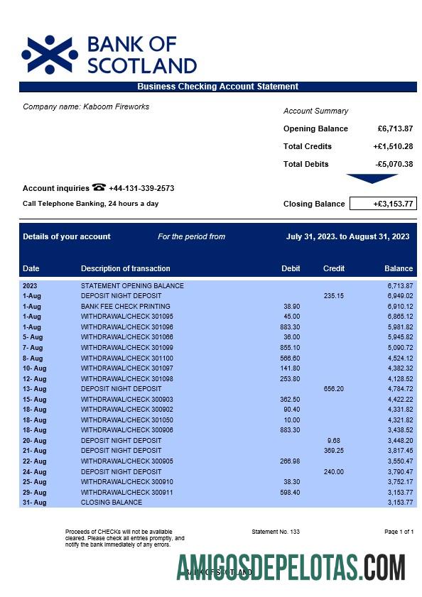 Realista Bank Of Scotland Extrato de conta corrente corporativa modelo Word e PDF